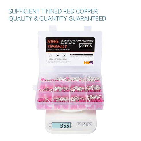 HKS 200PCS Heat Shrink Ring Terminals - Red 22-16 AWG - Tinned Copper Marine Electrical Wire Connector Kit