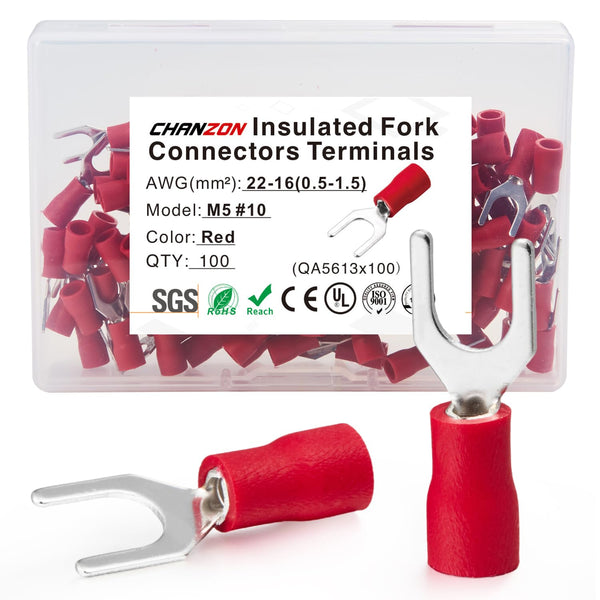 Chanzon UL Listed Insulated Fork Terminals #10 M5 U-Type, 100pcs Pack for 22-16AWG Crimp Connectors