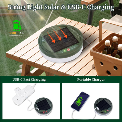 180LEDs 33FT,Rechargeable 4 in1 with13 Solar Camping Lights Camping String Lights Modes&Timer,Waterproof Christmas