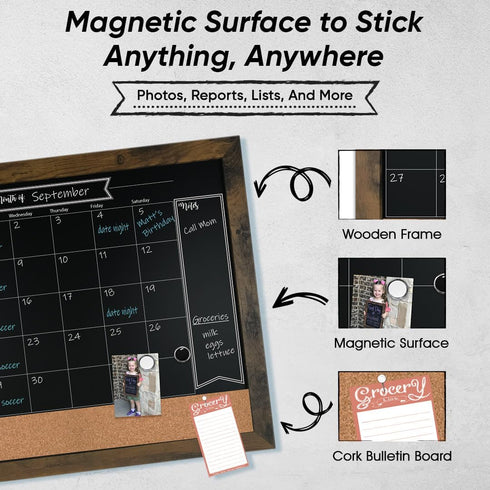 Loddie Doddie 18x24 Rustic Framed Chalkboard Calendar and Bulletin Combo Board, Includes Chalk Markers, Push-Pins, and