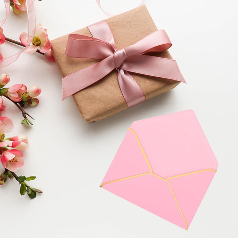 YOKIVE 200Pcs A7 Self Adhesive V Flap Mailing Envelopes with Gold Border for Cards and Postcards (Pink)