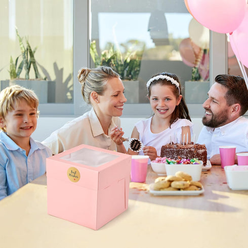 12Pcs Pink Square Cake Boxes with Window, 8x8x8 Inches Disposable Bakery Carrier for Pastries, Cookies, Cupcakes,