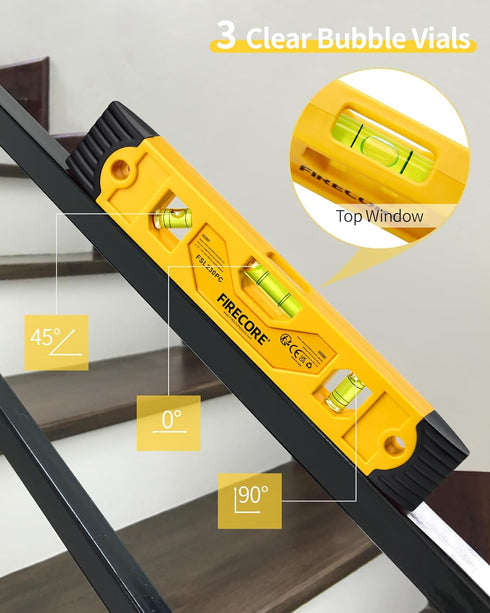 9 Inch 3 45 90 180 Torpedo Level Magnetic, Firecore Shockproof Small Leveler Tool with Bubble Spirit Level Degree