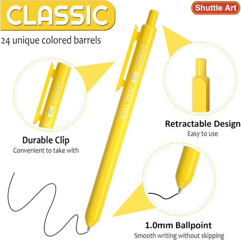 Shuttle Art 24 Pack Colored Ballpoint Pens, Retractable Black Ink Cute Pens 1.0mm for Writing Journaling School Office