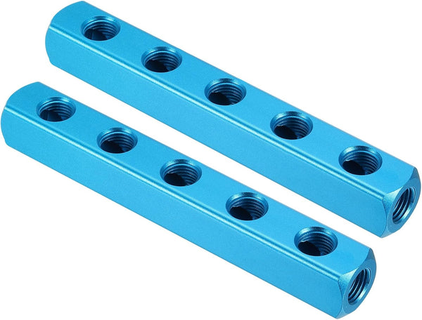 PATIKIL 5 Way 8 Port Air Manifold, 2 Pack G1/4 Inch Aluminum Inline Block Splitter Pneumatic Air Hose Fitting