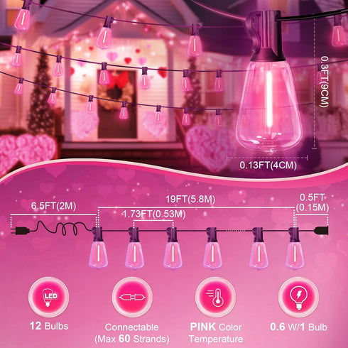 26Ft ST38 LAMPHOME Outdoor String Lights, Pink Patio Lights, Connectable Waterproof Shatterproof LED String Lights