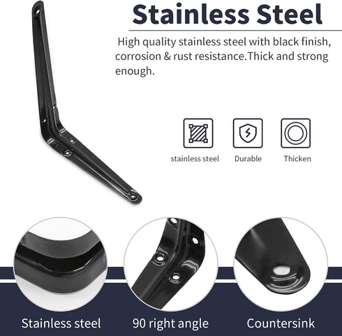 Zorveiio 4 Pack 8 Inch Black Wall Shelf Brackets Heavy Duty, Wall Brackets Floating Shelves Bracket L Bracket Hanging