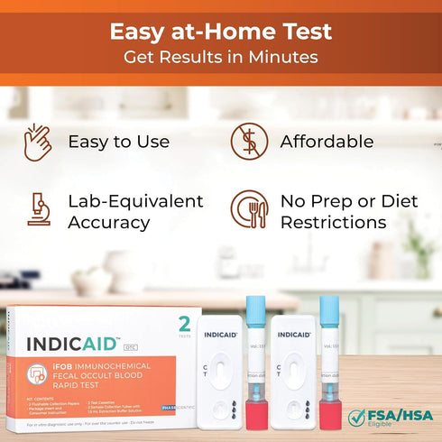 Immunochemical (2 Pack) INDICAID Fecal Occult Blood Test (iFOB), FIT Colon Test, Accurate and Easy at Home, No Prep