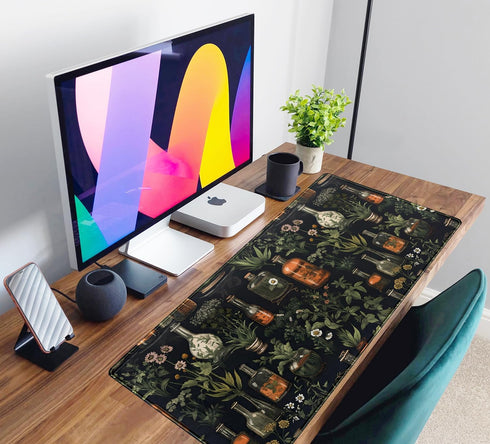 Black Aesthetics Desk Mat Mouse Pad, Large Gaming Mouse Pad, Mystical Green Plant Design, 31.5x11.8 in