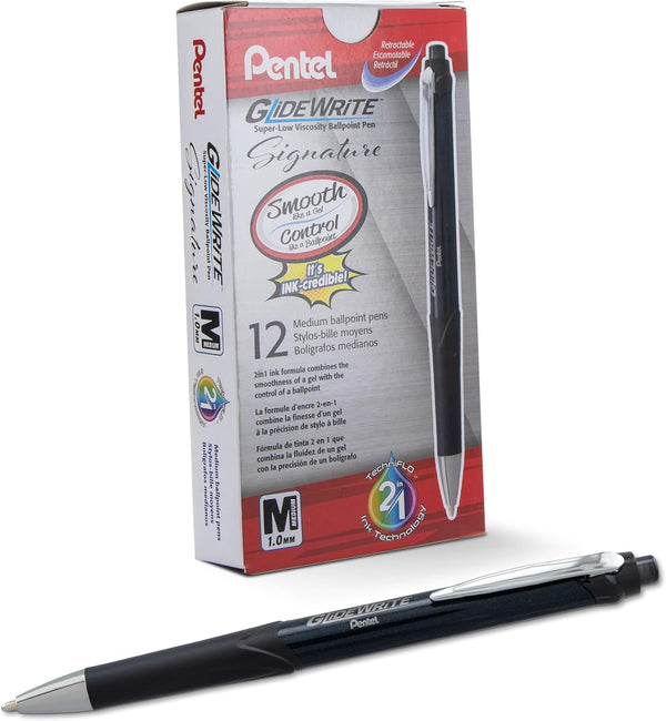 Pentel Glidewrite Signature Ballpoint Pen, Black Barrel, 1.0mm Medium Line, Black Ink, 12 Pens (BX930A-A)