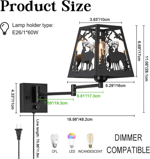 Dimmable Dimmer Rustic Plug in Deer Wall Sconces, Swing Arm Wall Lamp with Plug in Cord and On/Off Rotary Switch