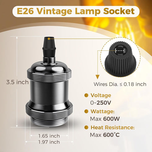 E26 600 6 Packs DiCUNO Vintage Lamp Socket, Edison Pendant Light Socket Replacement, Antique Retro Hanging Lamp Holder
