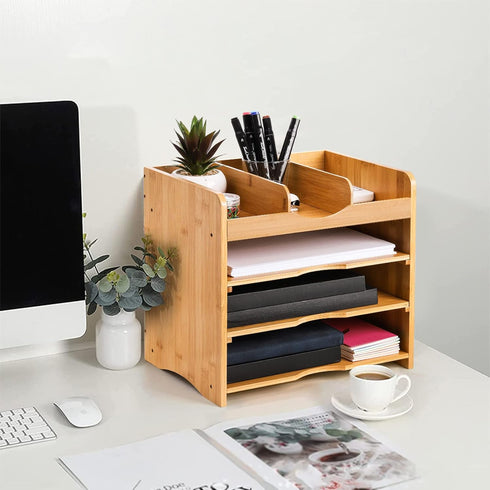 DEAYOU Bamboo Desk File Organizer, 13" Document Letter Tray Sorter with 2 Adjustable Shelves, 4 Tier Mail Organizer