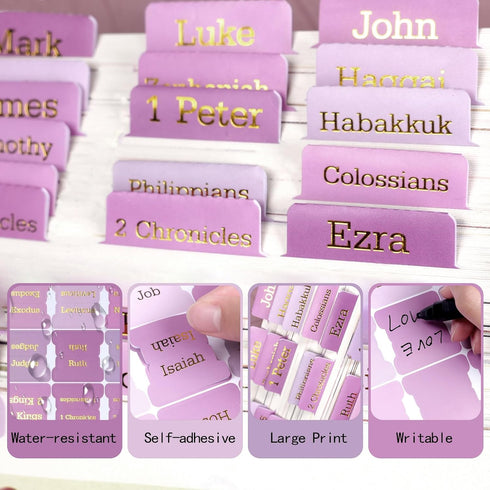 75 Pink Bible Tabs for Women & Men(Gold Foil Lettering) Laminated Bible BookTabs, Chapters Labels for Easy Navigation