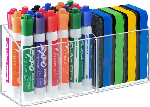 Large Magnetic Dry Erase Marker Holder, Magnetic Glass Whiteboard Holder with Movable Dividers, Strong Pencil Holder