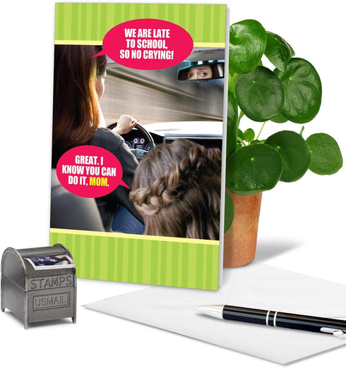 NobleWorks Happy Mother's Day Card with Envelope - Retro, Funny Greeting Card for Mom, Stepmom - Late To School 0218