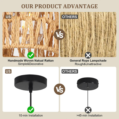 Pendant Light Boho Farmhouse Decor Hanging Lamp - Rattan Hanging Lights Woven Shade - Ceiling Light Fixtures