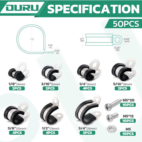 50PCS Cable Clamps with Screws Assortment Kit 7 Sizes 1/8" 3/16" 1/4" 5/16" 3/8" 1/2" 3/4" Stainless Steel Rubber Coated Cushioned Insulated Cable Clamp,Automotive Wire Pipe Clamps