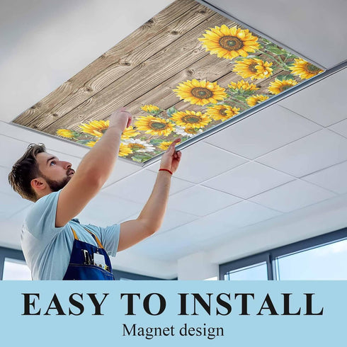 DOME-SPACE Fluorescent Light Covers - Farm Sunflower Magnetic Light Cover for Ceiling, Farmhouse Brown Wood Board