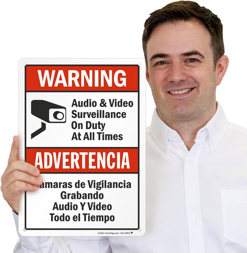 SmartSign-S-9392-AL-14 "Warning - Audio & Video Surveillance On Duty At All Times" Bilingual Sign | Aluminum 10" x 14"