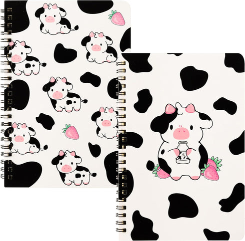L1rabe Cute Cow Spiral Notebooks, Pink Strawberry Milk College Ruled Hardbound Journal for Kids