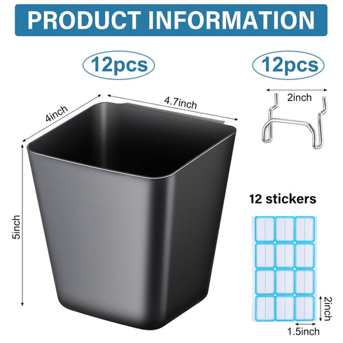 Namalu 12 Pack Peg Board Storage Bins with Labels and Hooks Square Box Shape Pegboard Cup Holder Accessories Pegboard Organizer for Craft Room Wall holder Workbench(4.7 x 4 x 5 Inch, Black)