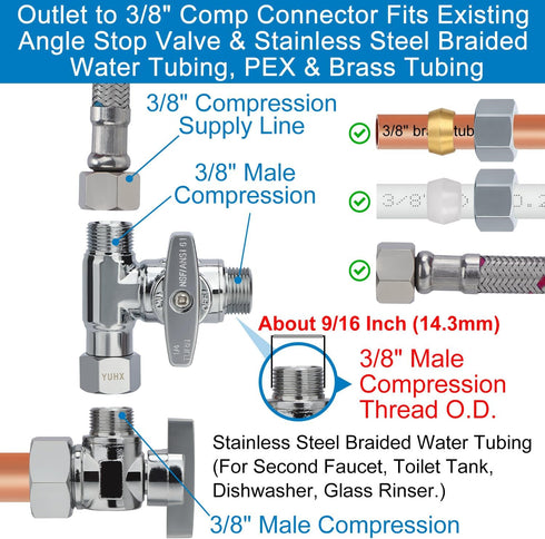 Brass Angle Stop Add-A-Tee Valve, 3/8 x 3/8" x 3/8" Compression Water Splitter
