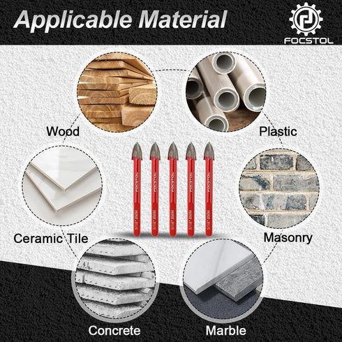 FOCSTOL 5pcs Masonry Concrete Drill Bit Set, 8mm Carbide Bits with Triangle Shank for Wood, Plastic, Foam