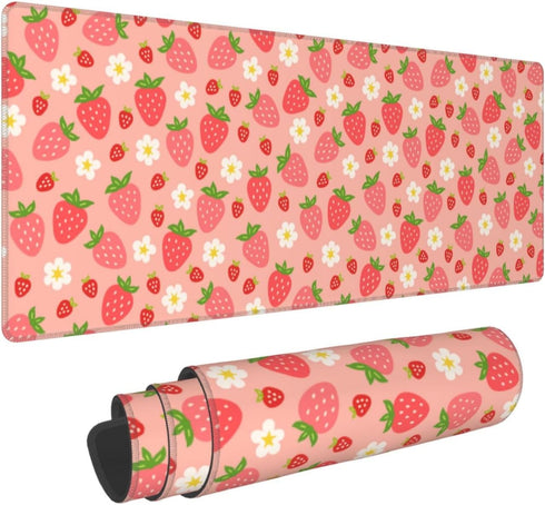Pink Strawberry and White Flower Gaming Mouse Pad, Extended Large 31.5 x 11.8 Inch