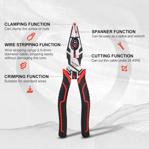 HAUTMEC Pro 8" Multifunctional Combination Linesman Plier with Cable Cutter, Wire Stripper, Terminal Crimping, Tool Clamping and Spanner, High leverage of Eccentric Design HT0321