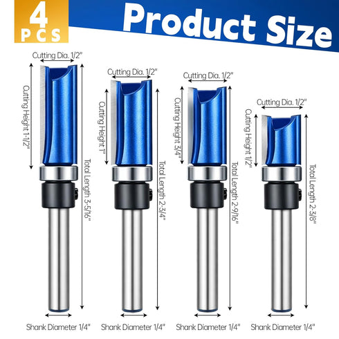 Lyksgir 4 Set 1/4 Inch Set 1/2", 1/2", 3/4", 1", 1-1/2" Pcs Pattern Flush Trim Router Bit Shank, Top Bearing Carbide