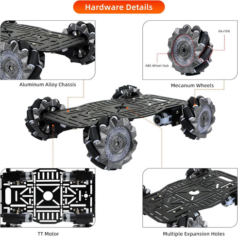 4WD 68mm Omnidirectional Robot Car Chassis Kit with Mecanum Wheels, TT Motor, Aluminum Alloy Metal Platform