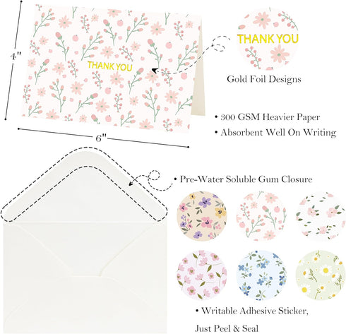 50 Pack 6 Crisky Floral Thank You Cards with Envelopes & Stickers for Birthday, Baby Shower,Bridal Shower, Wedding