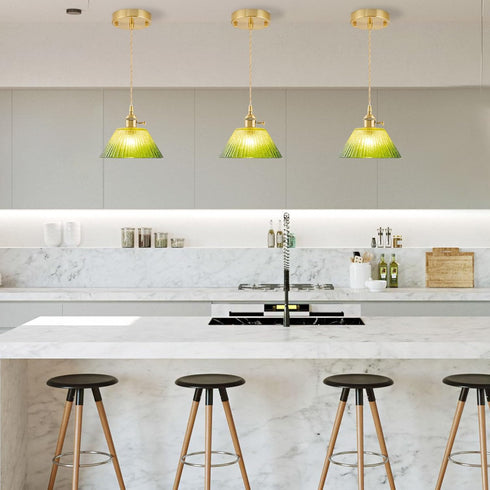 FONTA VERDE Vintage Pendant Lights Kitchen Island, Adjustable Brass Pendant Light Fixtures with Gradient Green Glass