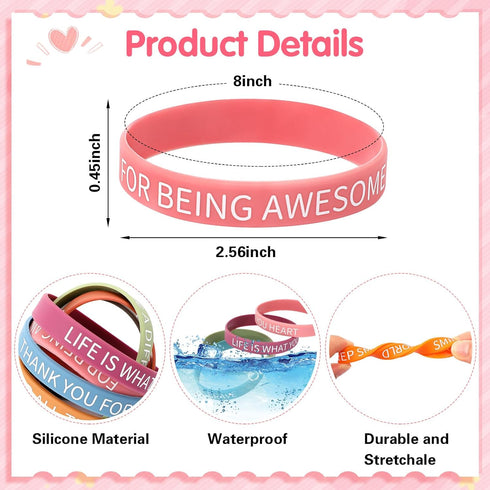 JUNEBRUSHS 64pcs Motivational Quote Silicone Bracelets, Bulk Colored Inspirational Rubber Wristbands, Unisex