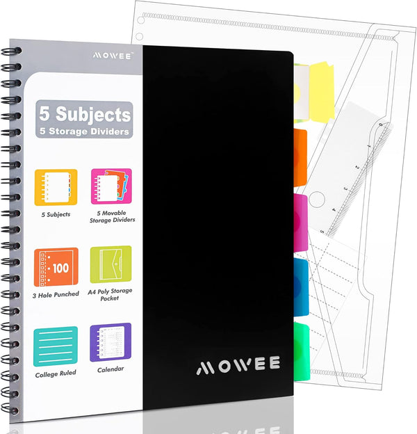 Spiral Notebook - 5 Subject College Ruled, 3-Hole Punched with Dividers, 200 Pages, Black, for Home & Office, School