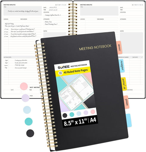 SUNEE Meeting Notebook with Sticky Tabs, 160 Pages A4 Size Project Planner for Note Taking and Office Organization