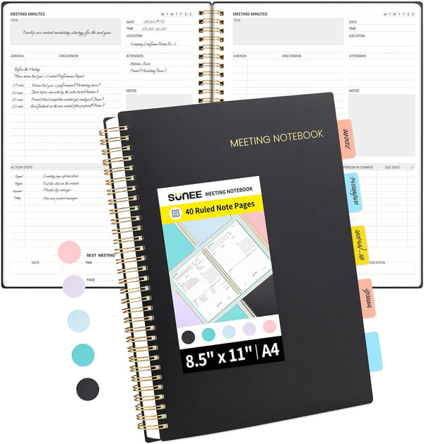 SUNEE Meeting Notebook with Sticky Tabs, 160 Pages A4 Size Project Planner for Note Taking and Office Organization