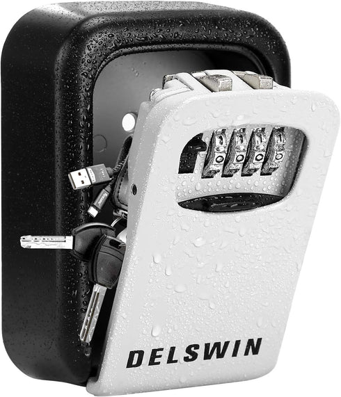 DELSWIN Wall Mounted Key Lock Box, Weatherproof Combo LockBox with 4-Digit Combination for Home, Airbnb, Hotel, School,