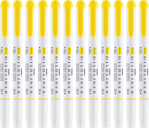 Zebra Pen Mildliner Double-Ended Highlighter Marker Set, 12-Pack, No Bleed Mild Lemon Yellow Ink, Broad & Fine Tips