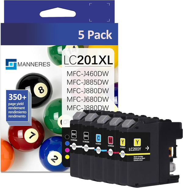 High Yield Ink Cartridges LC201XL (2BK/1C/1M/1Y, 5 Pack) Compatible for Brother Printers MFC-J480DW and More