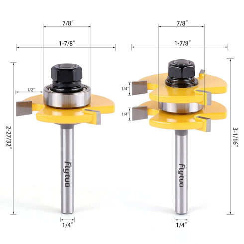 2PCS Tongue and Groove Set 1/4 Inch Shank Router Bit Set, 3 Teeth Adjustable T Shape Wood Milling Cutter