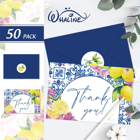 50 Summer 4 6 Inch Whaline Pcs Mediterranean Lemon Thank You Cards Boxed Blue Tile Flower Greeting Card with Envelope