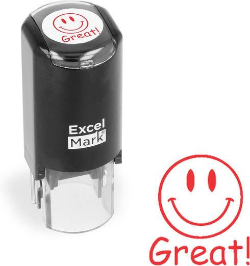 ExcelMark Great! Smiley Face - Self-Inking Round Teacher Stamp with Red Ink