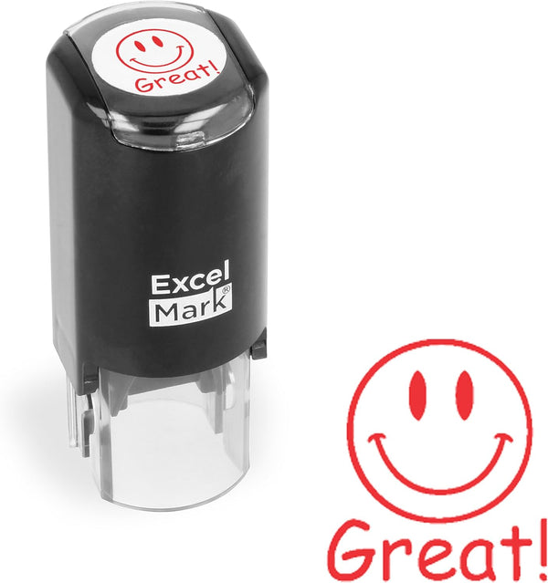ExcelMark Great! Smiley Face - Self-Inking Round Teacher Stamp with Red Ink