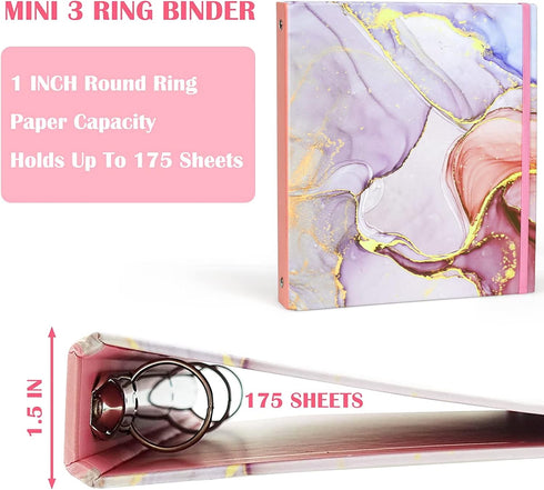 Mini 3 Ring Binder (Lightpink Marble) - 5.5 x 8.5 in, 1 Inch with Elastic Cord, Fits Loose Leaf Paper