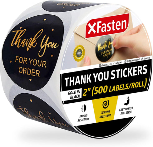 XFasten 2" Thank You Stickers Roll, 500 Gold Foil Round Sticker Labels for Small Business Supplies, Microwave-Safe