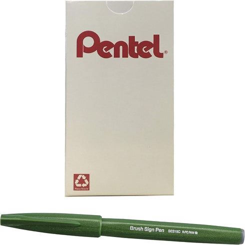 Pentel Arts Box of 12 Sign Pen Brush, Olive Green Ink