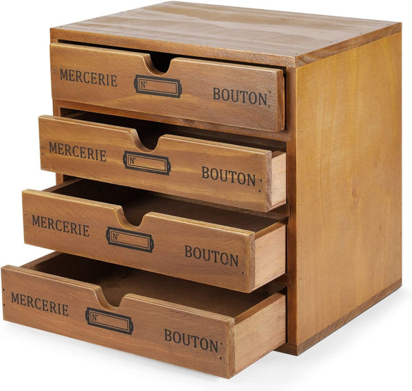 Flexzion Desktop Storage Box, Wooden 4 Drawer Organizer, Card Catalog Cabinet, No Assembly Required, Pine Wood Vintage