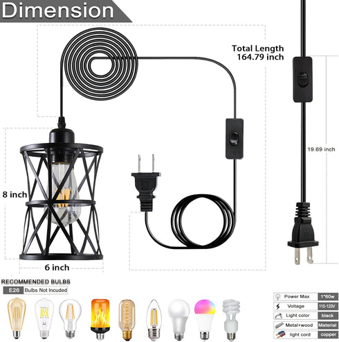 Laihezz Plug in Pendant Light, Hanging Light Fixture with Plug in Cord, Metal Black Hanging Lights with Plug in Cord